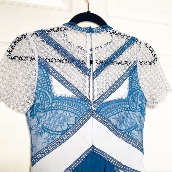 Self-Portrait Lace Panel Pleated Blue Mini Dress - Picture 8 of 12